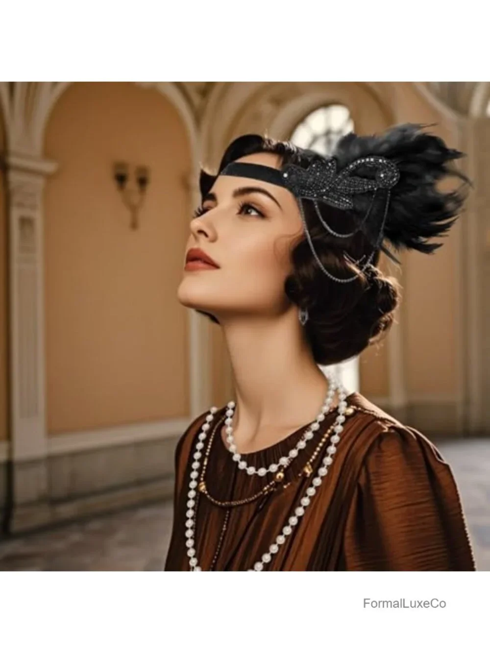 Gatsby Costume Accessory Set Flapper Headband Pearl Necklace Bracelet Gloves